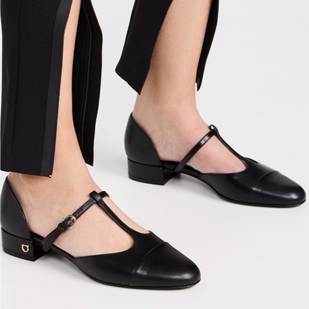 Salvatore Ferragamo Black Leather T-Strap Low Block Heel Flats